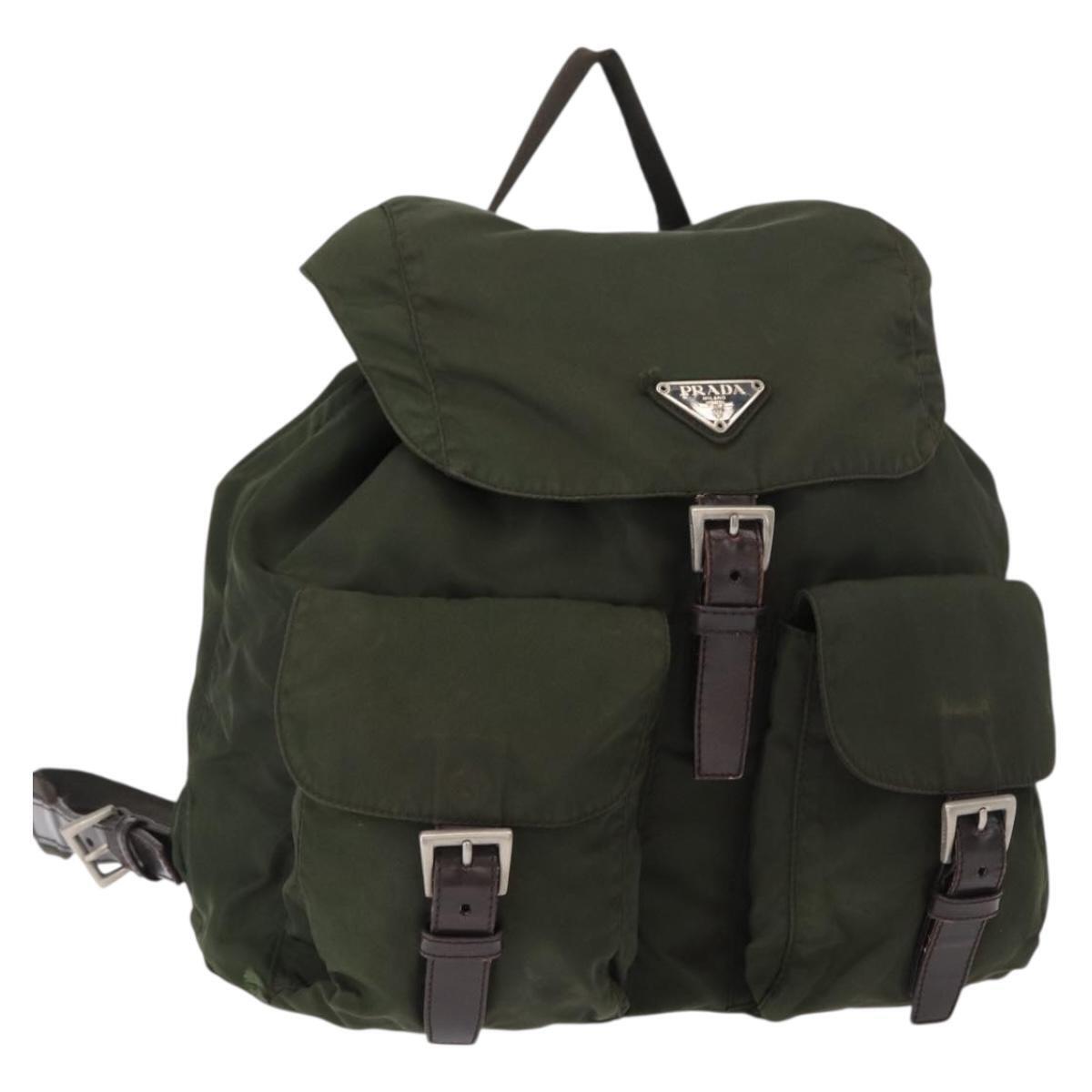 Prada Backpack Nylon Khaki Silver Auth 151269
